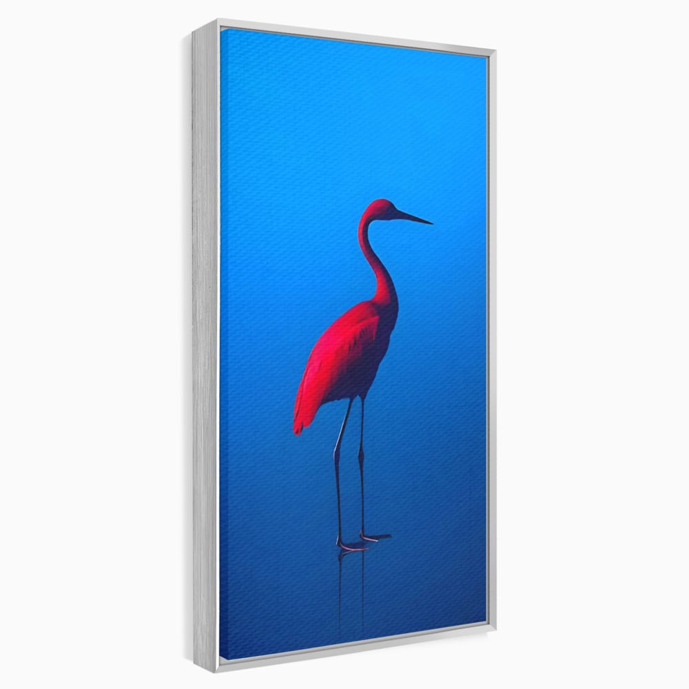 Tablou canvas cu tablou canvas cu pasare flamingo rosie, in rama de aluminiu argintiu